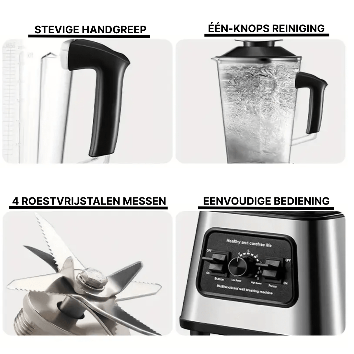 Close-ups van blenderdetails: stevige handgreep, zelfreinigende kan, roestvrijstalen messen en eenvoudig bedieningspaneel.