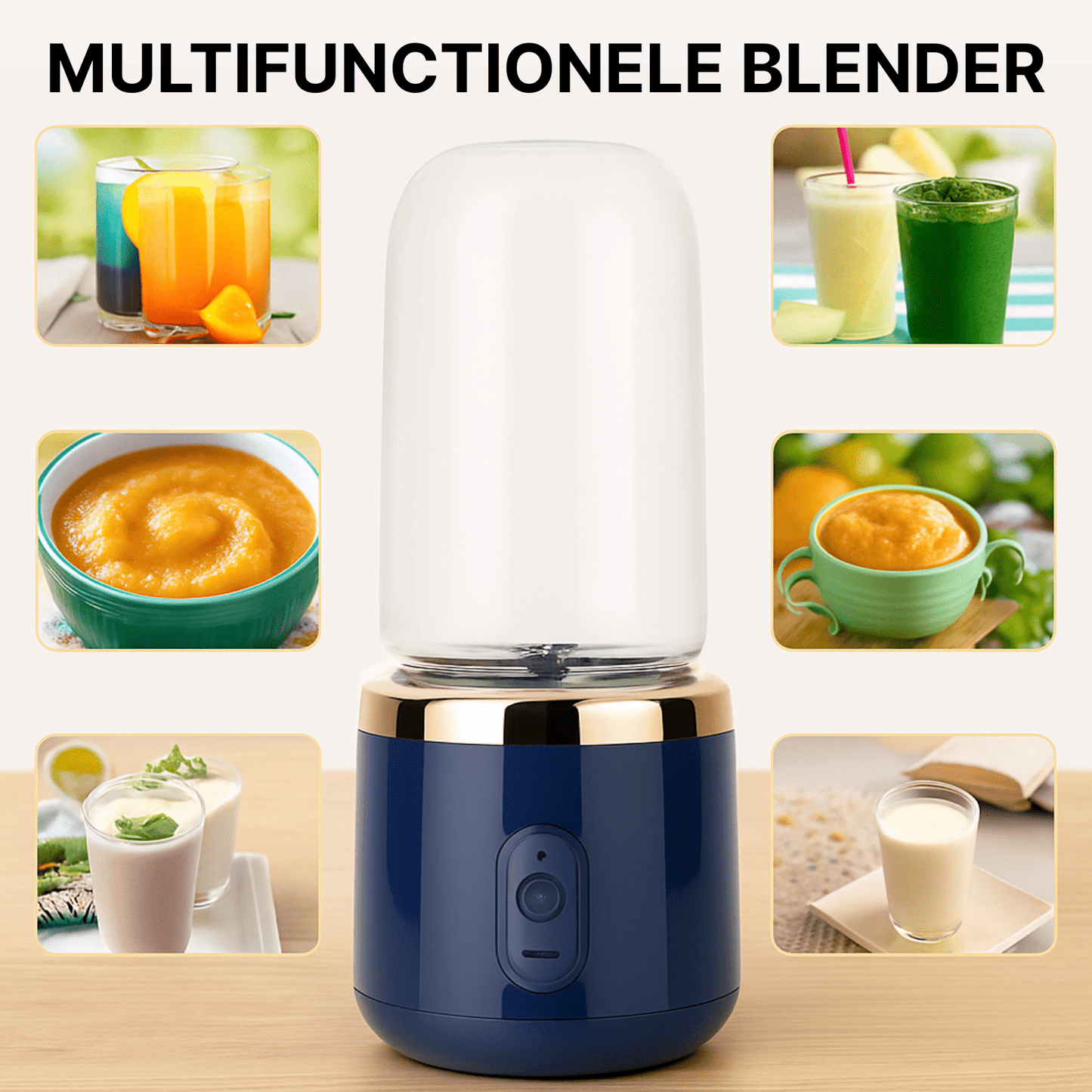 JuiceMate Go multifunctionele blender met gesloten mengbeker, omringd door drankjes en fruitpuree-opties.