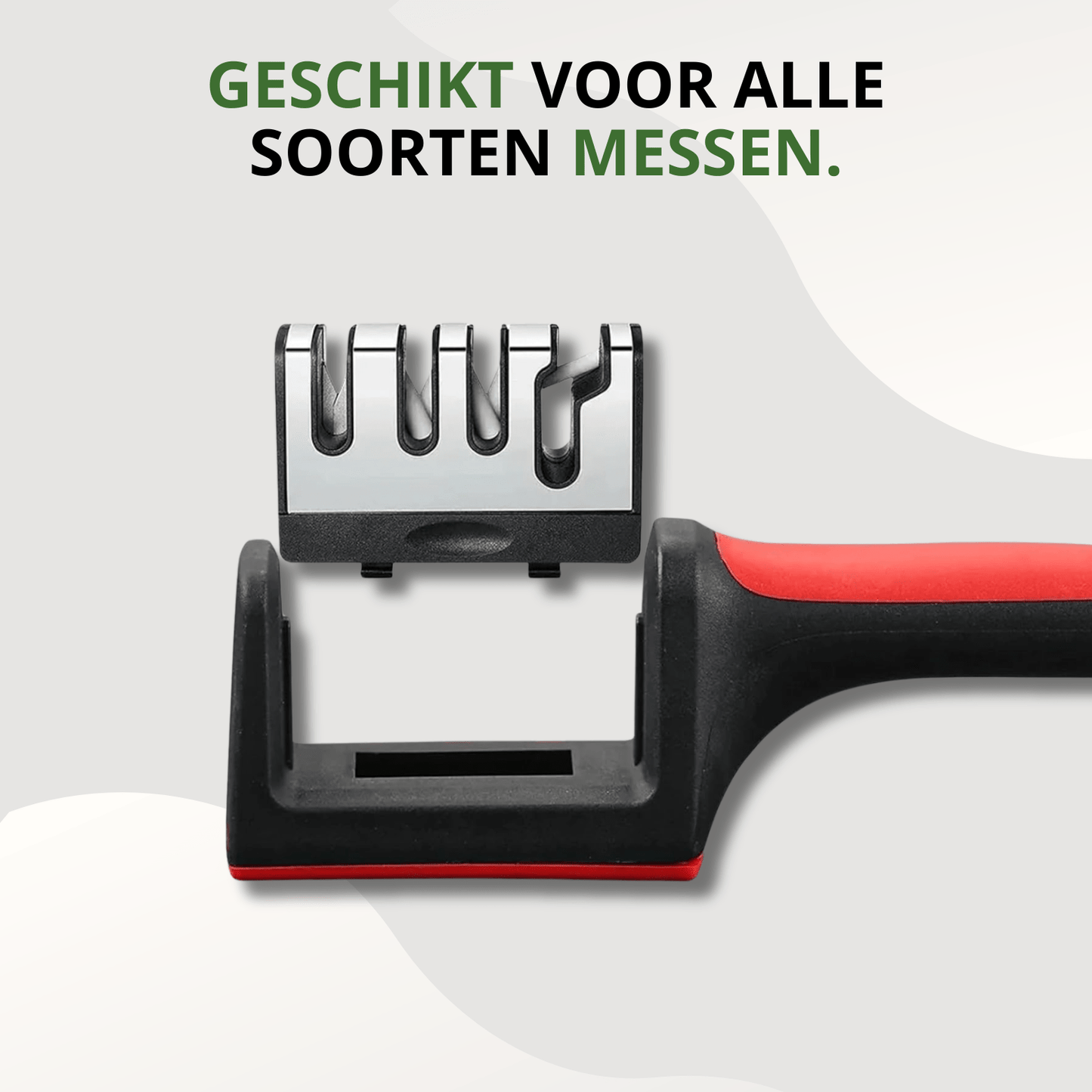 Knivix 4-in-1 messenslijper met afneembare slijpunit en zichtbaar handvat in zwart-rode uitvoering, gefotografeerd van bovenaf.