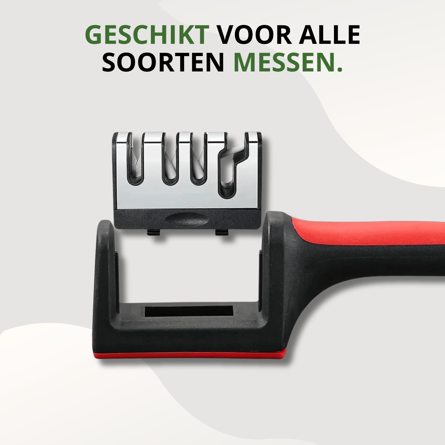 Knivix 4-in-1 messenslijper met afneembare slijpunit en zichtbaar handvat in zwart-rode uitvoering, gefotografeerd van bovenaf.