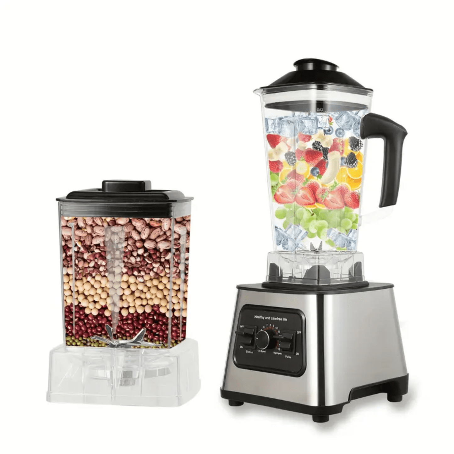 RVS PowerMix Pro blender met zwarte knop, gevuld met fruit en ijs, naast extra beker met peulvruchten.