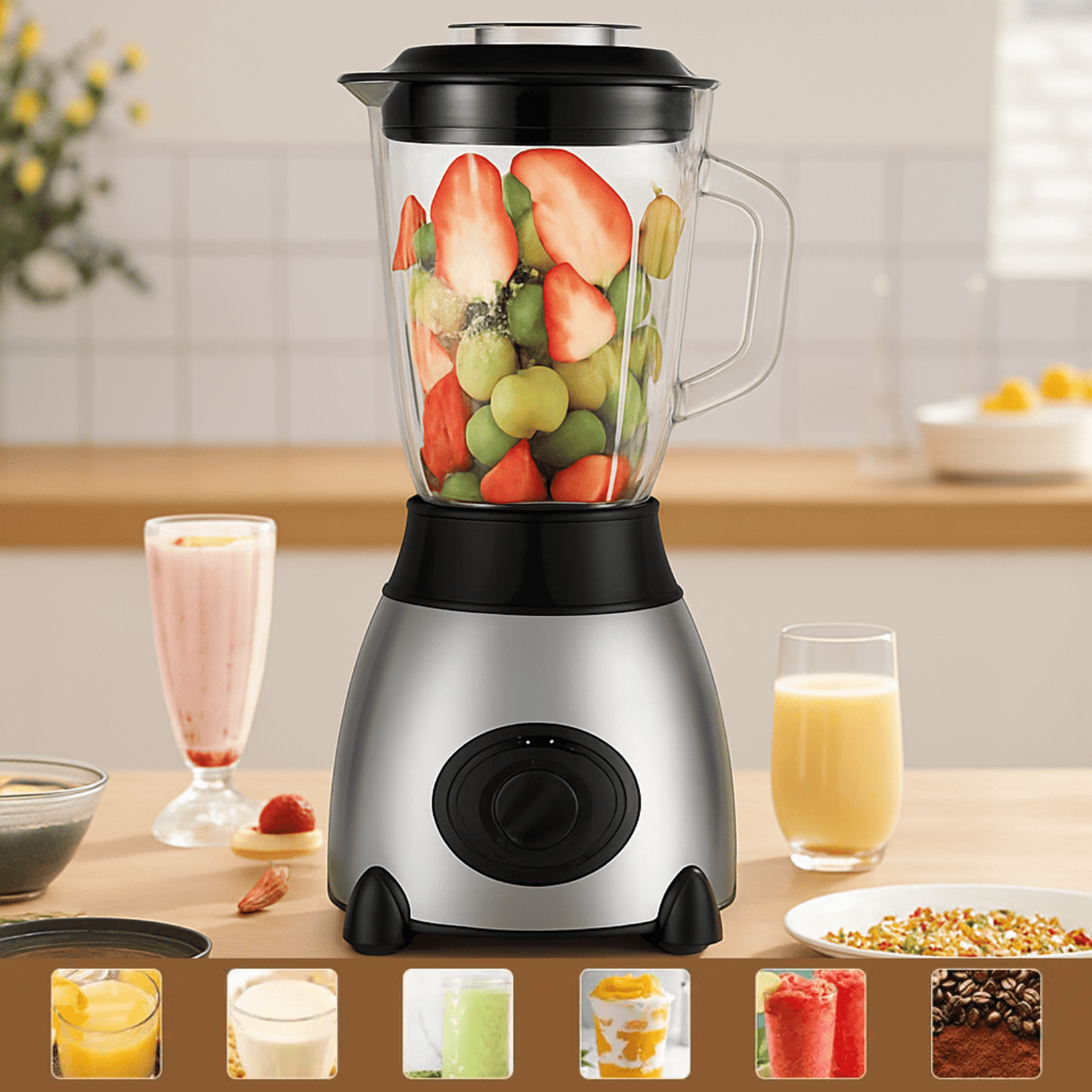 Zilverkleurige blender met gesneden aardbeien en druiven in de kan, omringd door sappen en smoothies op het aanrecht.