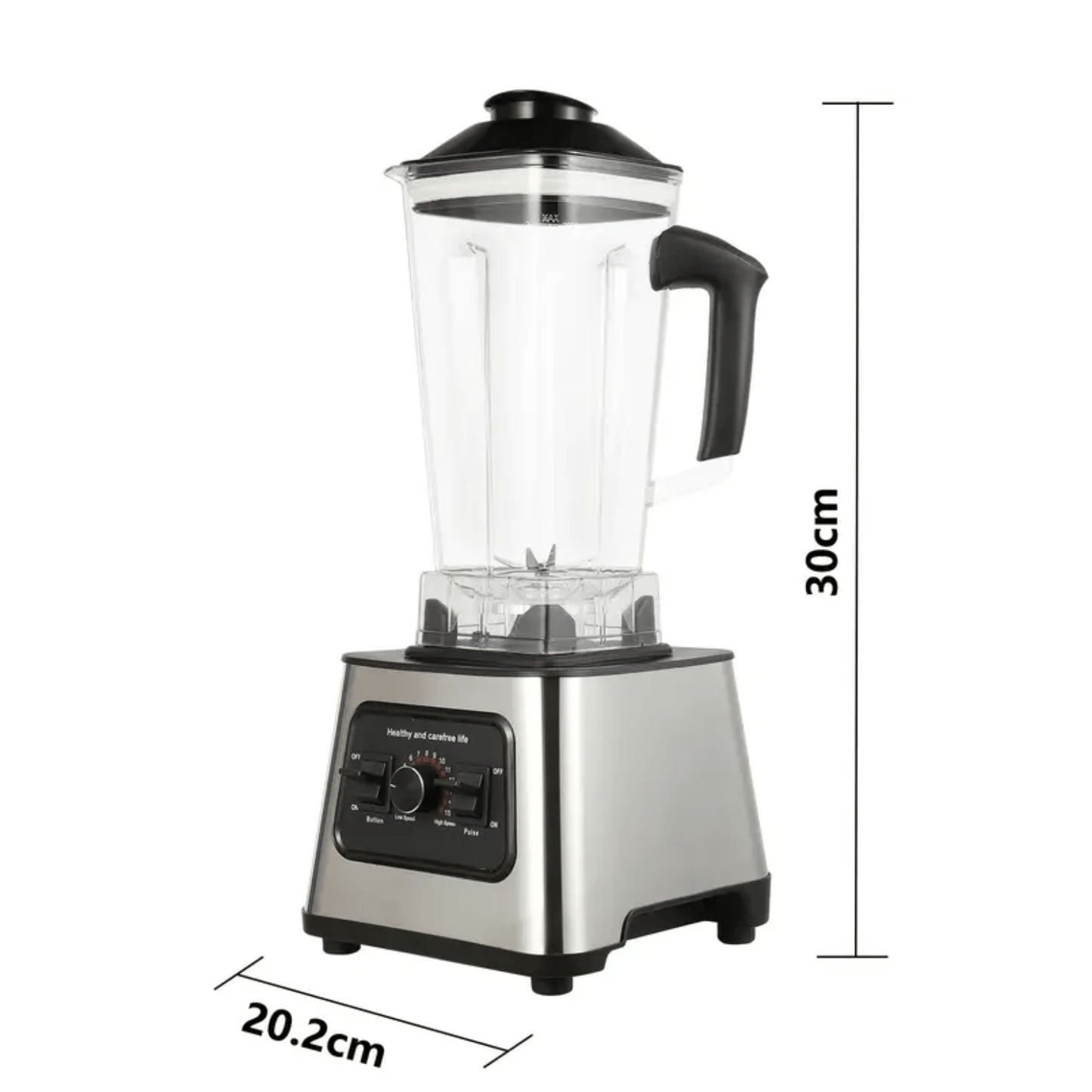 RVS blender met transparante kan en zwarte handgreep, afgebeeld met afmetingen van 30 cm hoog en 20,2 cm breed.