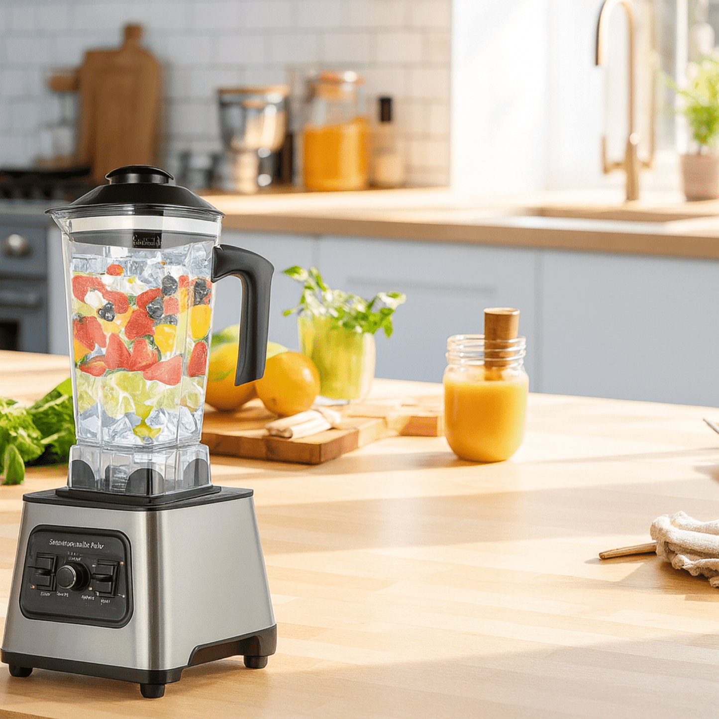 Zilverkleurige blender met vers fruit en ijsblokjes in een zonnige keuken op houten aanrecht.