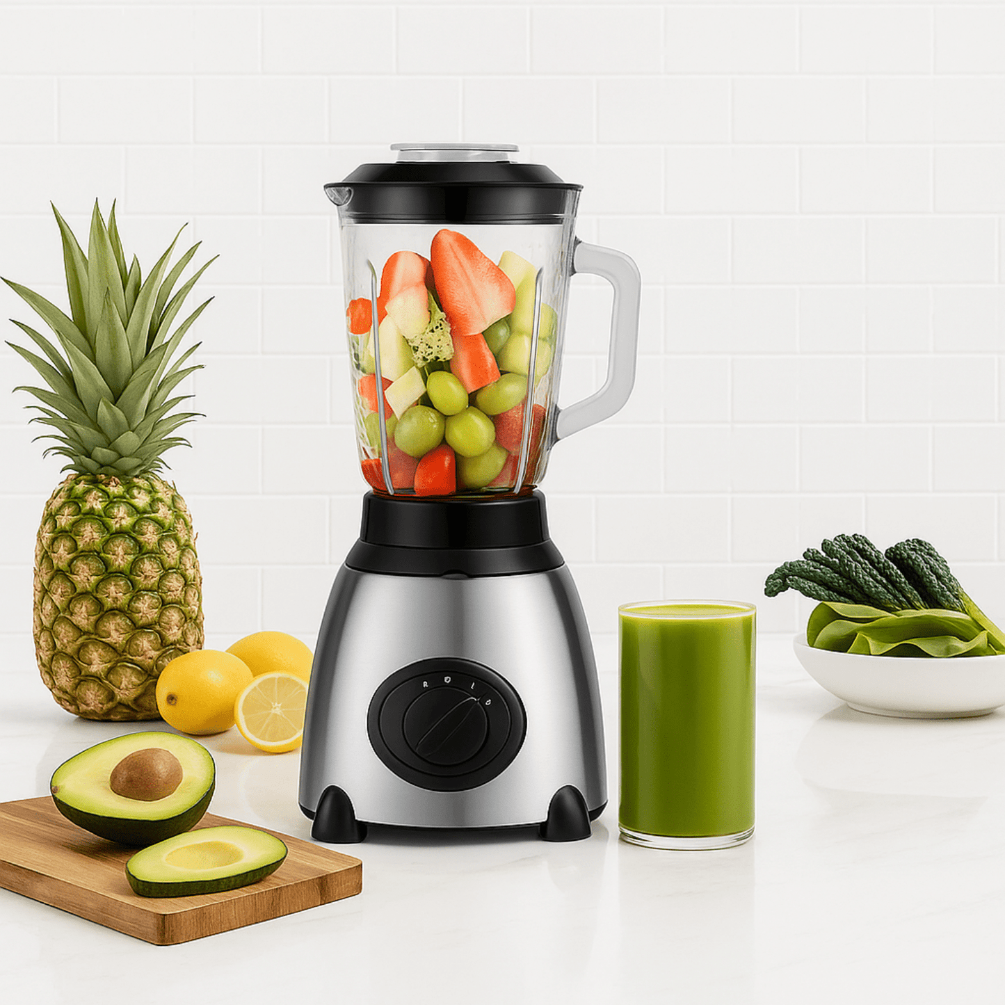 SteelBlend Pro blender met fruit en groente in glazen kan, naast glas groene smoothie en verse ingrediënten.