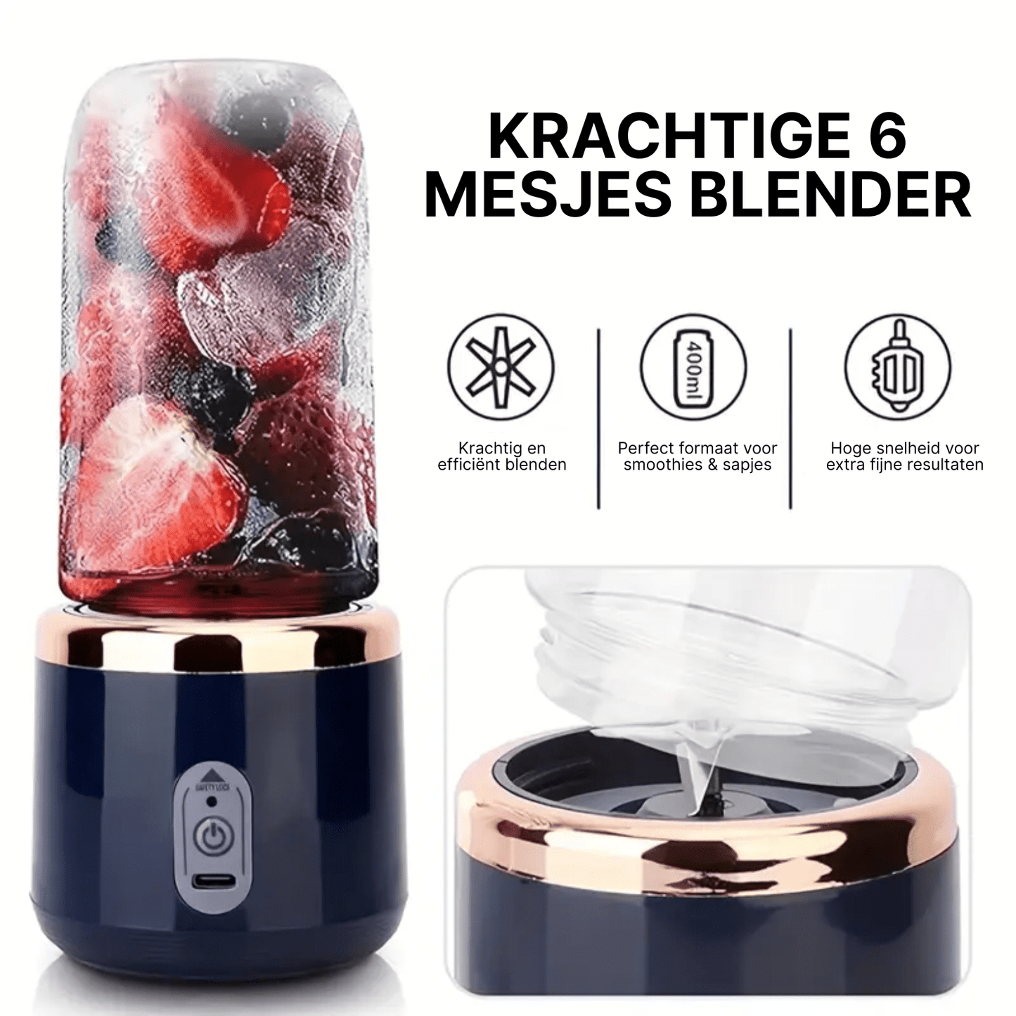 JuiceMate Go blender met bevroren bessen en ijs in transparante kan, met detail van 6-mesjes motorbasis.