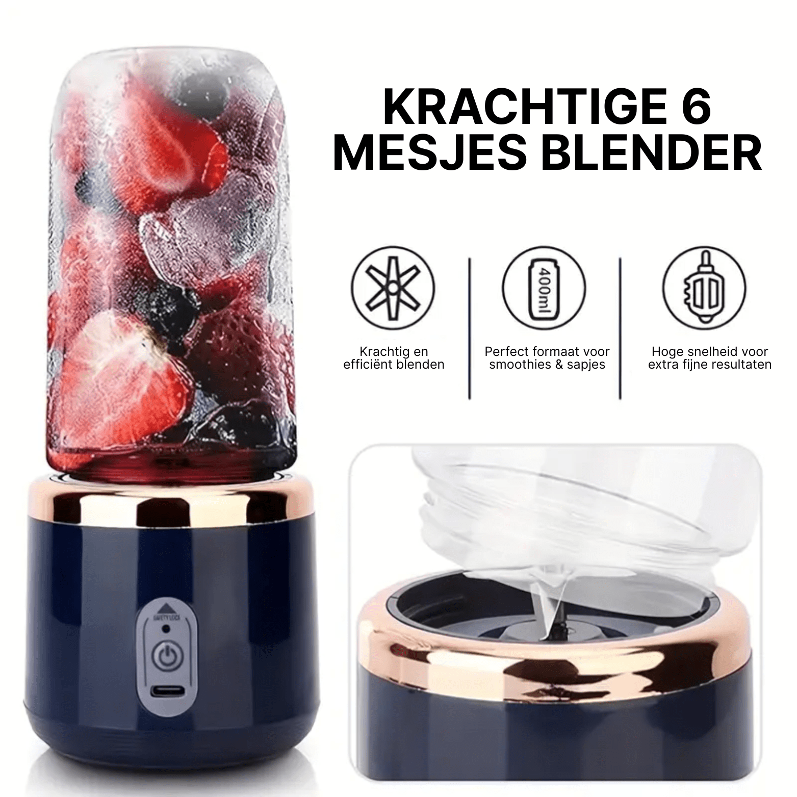 JuiceMate Go blender met bevroren bessen en ijs in transparante kan, met detail van 6-mesjes motorbasis.