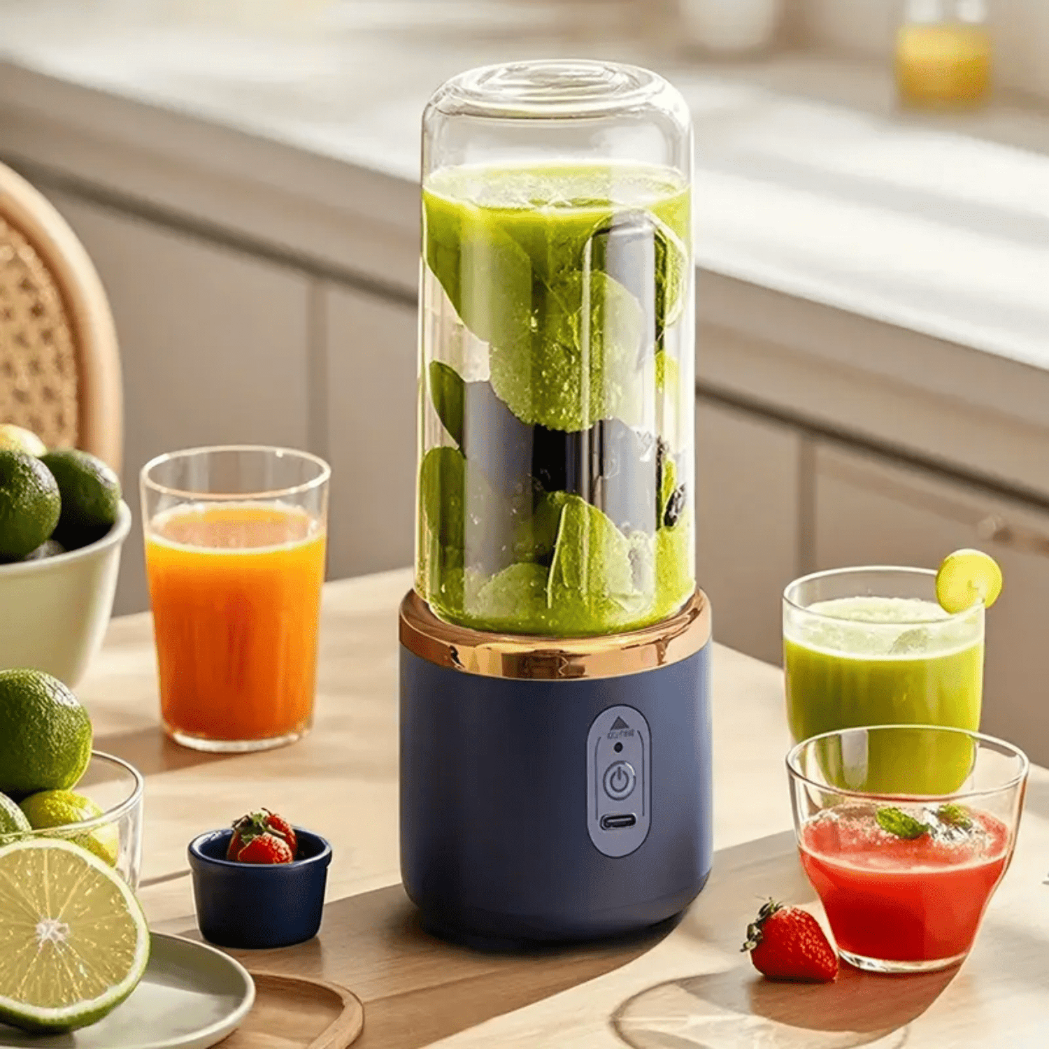 JuiceMate Go draagbare blender met groene smoothie in hoge beker, omringd door glazen sapjes en vers fruit.