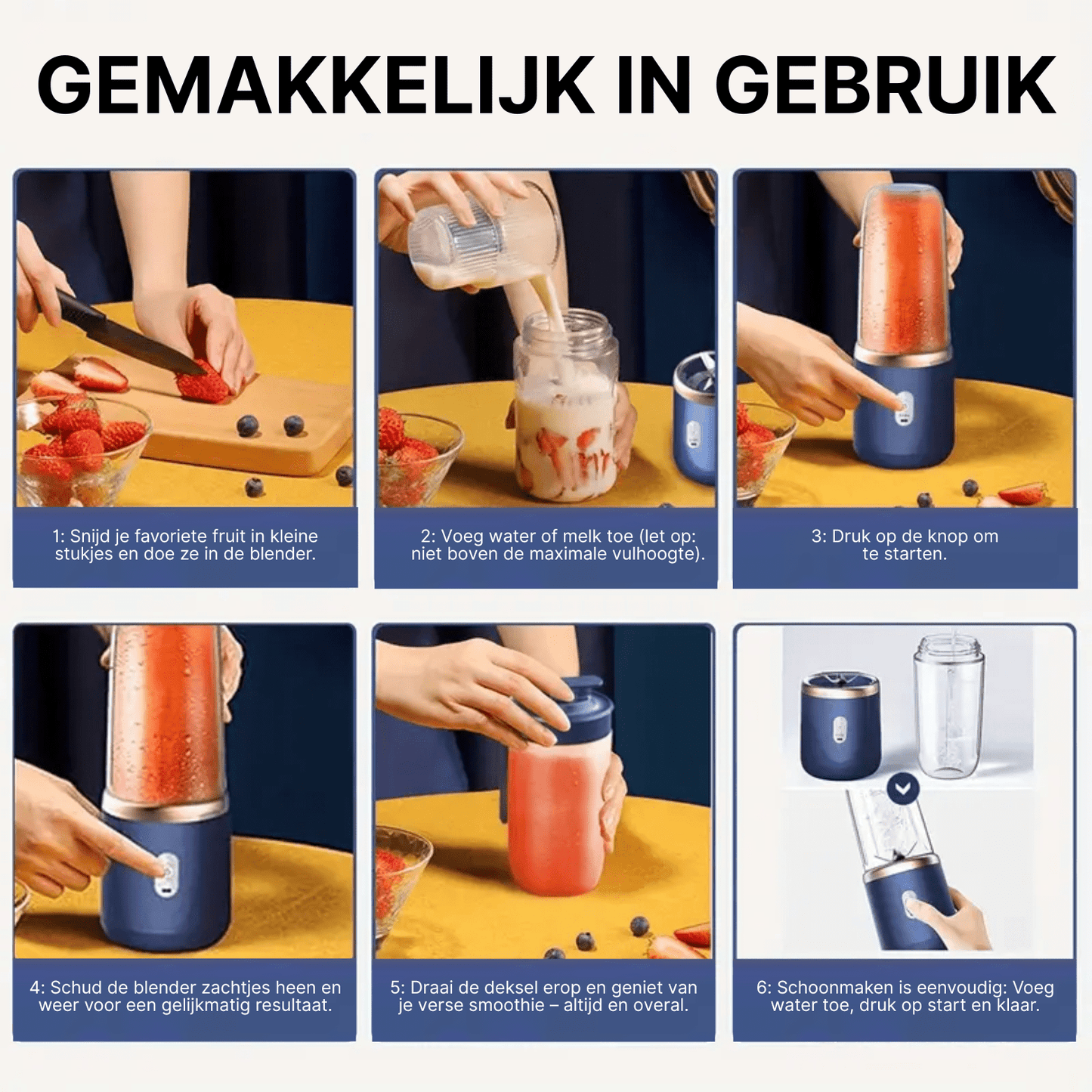 Stap-voor-stap uitleg met afbeeldingen van het gebruik van de JuiceMate Go blender voor smoothies en reiniging.