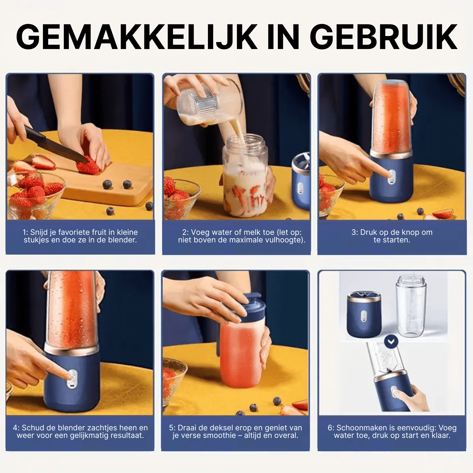 Stap-voor-stap uitleg met afbeeldingen van het gebruik van de JuiceMate Go blender voor smoothies en reiniging.