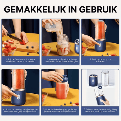 Stap-voor-stap uitleg met afbeeldingen van het gebruik van de JuiceMate Go blender voor smoothies en reiniging.