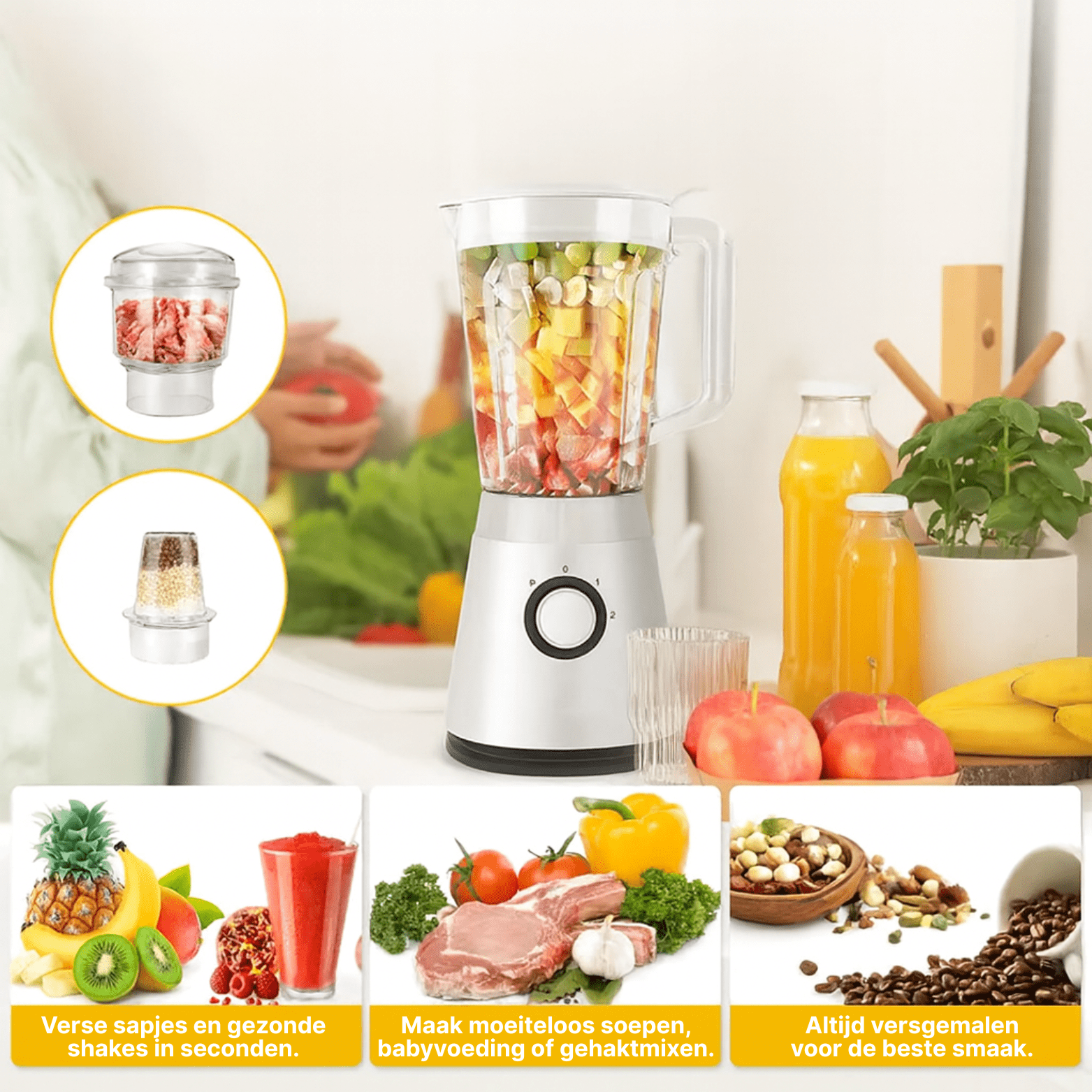 NutriBlend witte blender met fruitmix en opzetstukken voor vlees en noten, in keuken met sap en groenten.