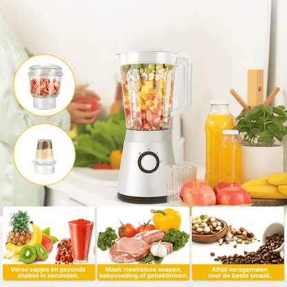NutriBlend witte blender met fruitmix en opzetstukken voor vlees en noten, in keuken met sap en groenten.