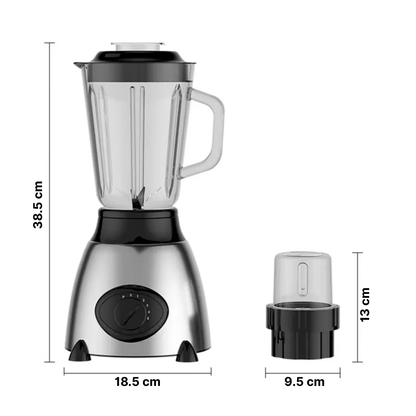 Zilverkleurige blender met maatvoering van 38,5 cm hoog, naast compacte opzetbeker van 13 cm hoog.