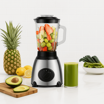 SteelBlend Pro blender met fruit en groente in glazen kan, naast glas groene smoothie en verse ingrediënten.
