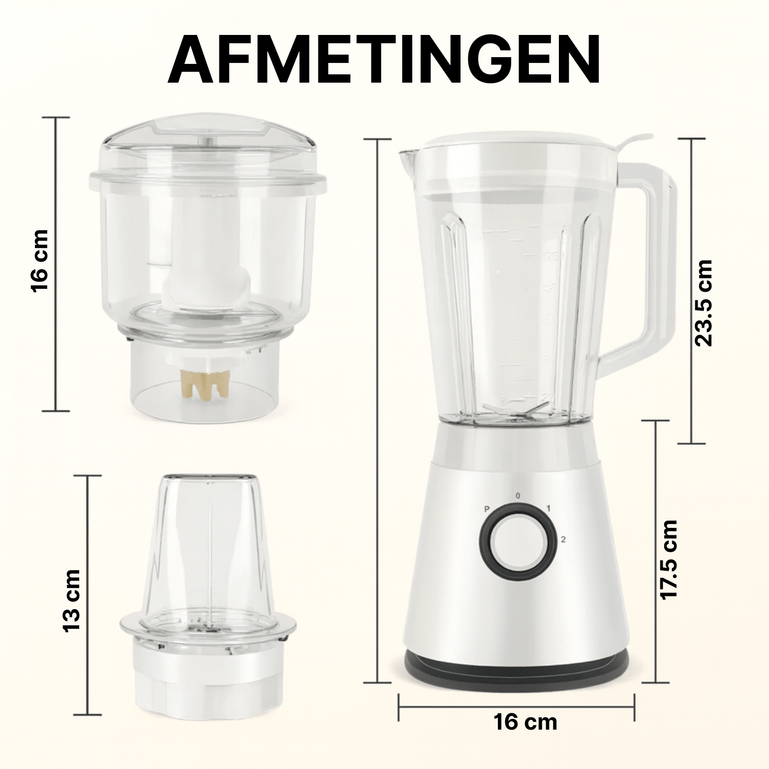 Witte blender met twee opzetstukken, afgebeeld met duidelijke afmetingen in centimeters per onderdeel.